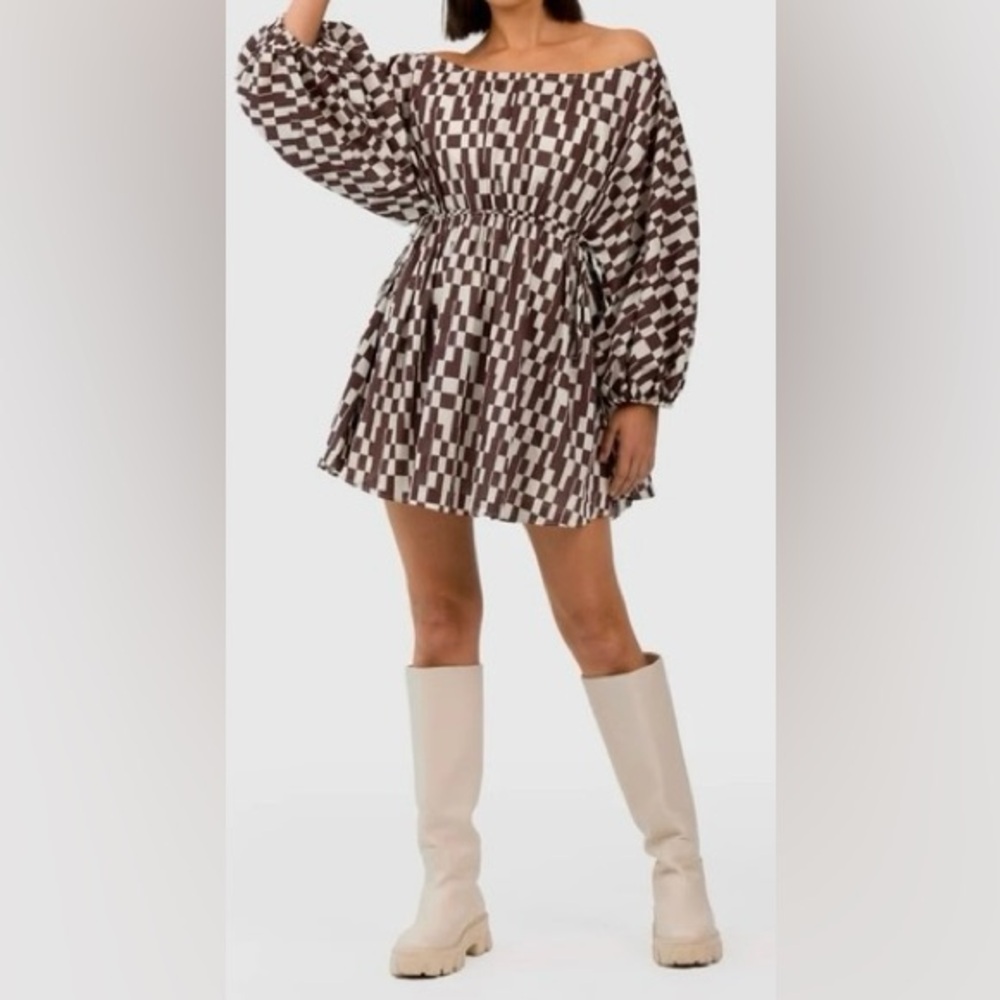 The Fifth Label Chocolate Checkered Revival Puff Sleeve Mini Dress Size XS